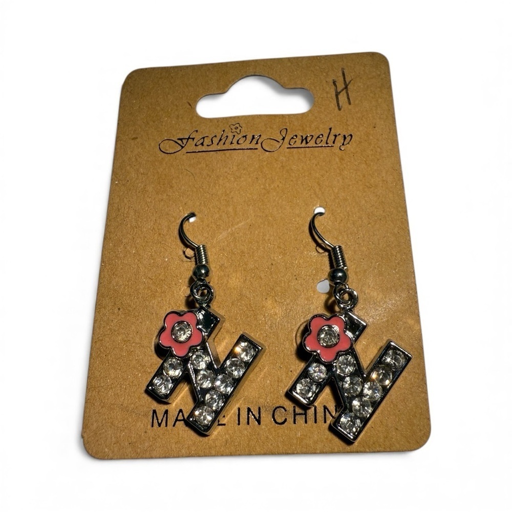 Pink Flower “N” Initial Dangle Earrings
